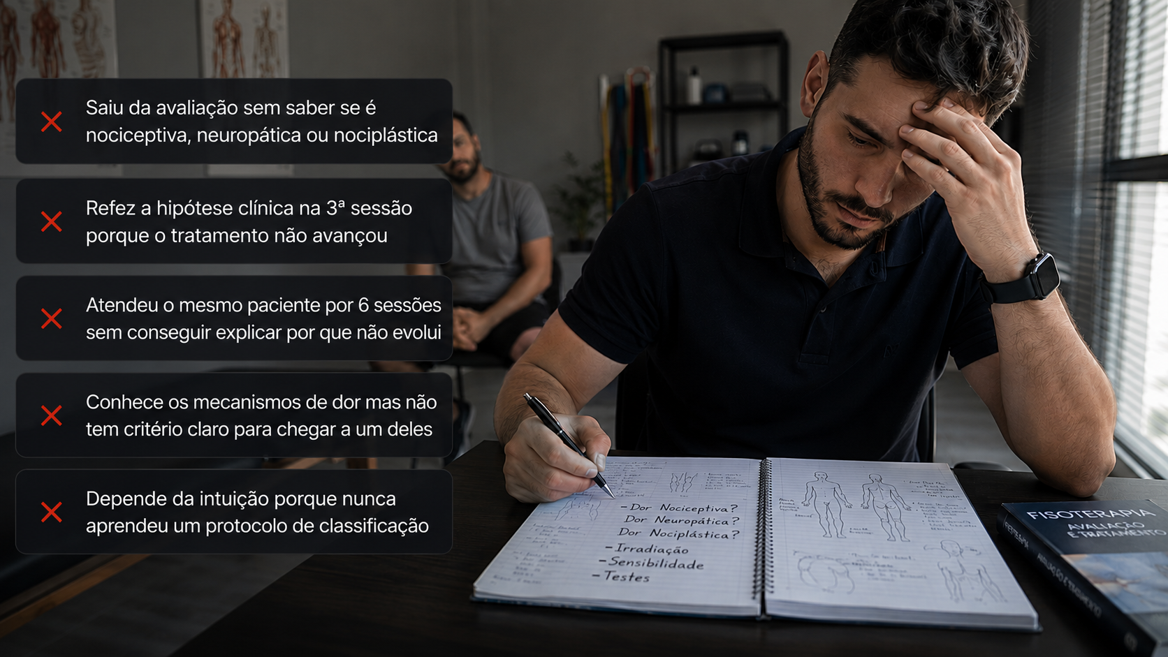 Profissional revisando avaliação de dor sem ter um fluxo claro de classificação.